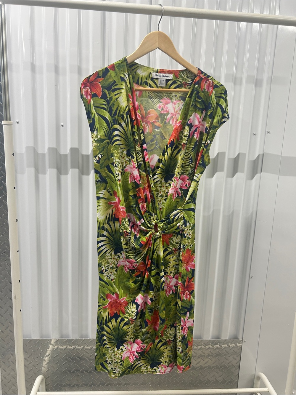 Tommy Bahama Green Floral Knot-Front Tropical Dress